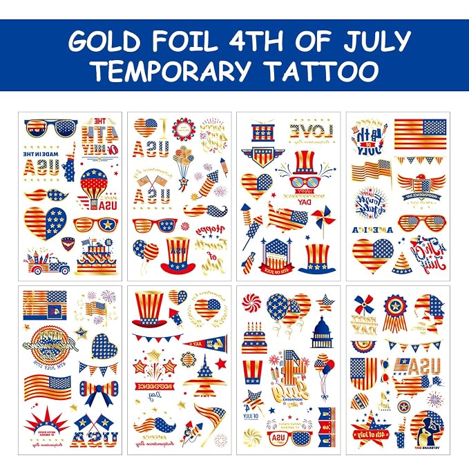 JCFIRE 4th of July Decorations, Temporary Tattoos for Kids Adults, Patriotic Decorations, Fourth of July Accessories, Red White And Blue Party Supplies for Independence Day