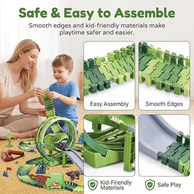 Dinosaur Race Track Toys for Boys 3-5, T-Rex Dinosaur Car Track Set with Giant Loop, Flexible Adventure Race Track Playset for Boys Age 4-7 Birthday Gifts