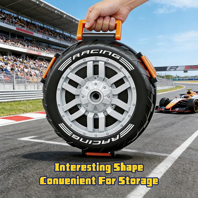 Race Car Track Set for Kids Ages 3-8，Transformable Tire Storage & Portable Handle into Race Course, Racing Toy Playset Birthday Gift for Kids Boys Girls