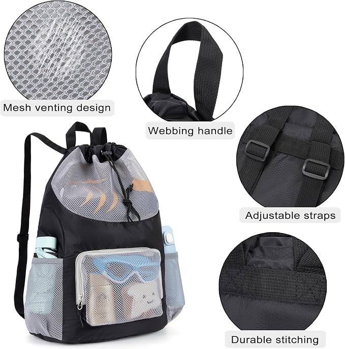 Swim Bag for Kids Mesh Beach Backpack for Boys Lightweight Drawstring Beach Bag Swimming Pool Sports Gym String Bag (Black)