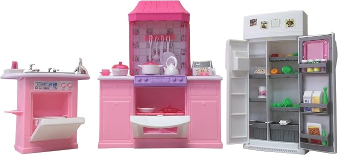 My Fancy Life Deluxe Kitchen Play Set, Pink Dollhouse Furniture with Refrigerator, Stove, Sink, Kitchen Accessories, Miniature Toy Furnishing