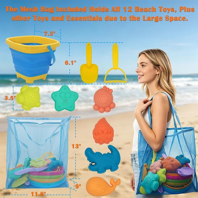 Beach Toys Essential Set for Kids 3-10, Collapsible Sand Bucket Set with 3 Shovels, 6 Sand Molds and Large Mesh Bag, Sand Toys for Beach, Sandbox Travel Toys for Toddlers Kids