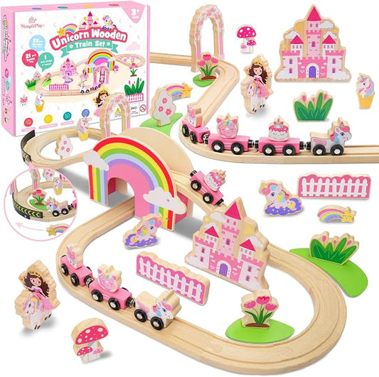 SIMPLIPLAY Wooden Train Set, 43PCS Unicorn Toy Train Set with Crash Barrier | Magnetic Wooden Train with Tracks & Bridge for Girls Toddlers, Enhance Fine Motor Skills, Ideal for Birthday Christmas