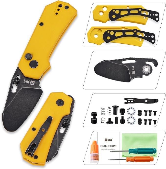 JIN Rhino Jr. Kids Pocket Knife, DIY Knife Kit, Fidget Toy Knives, 1.97” Unsharpened Steel Blade, Rounded Tip, Button Lock Folding EDC, Yellow G10 Handle