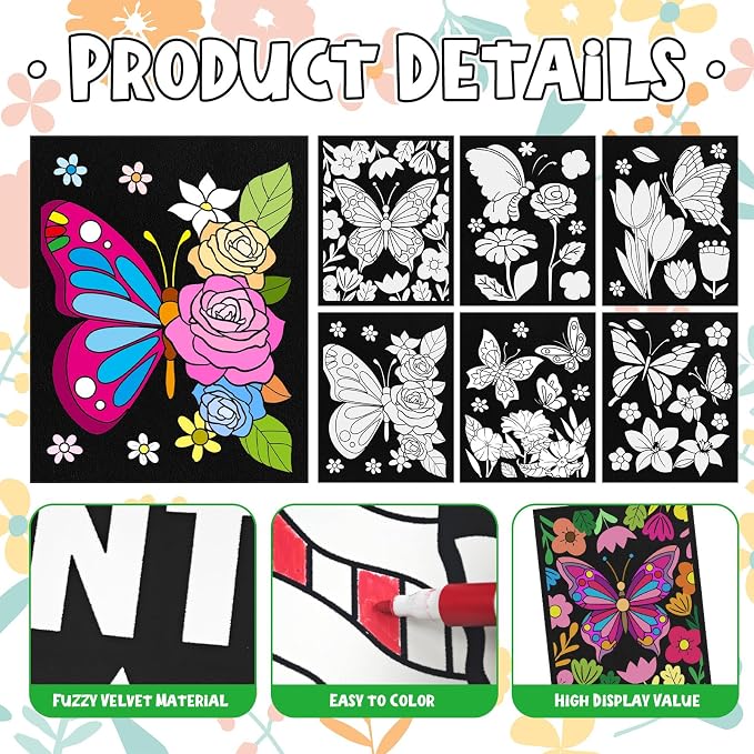 Cinrobiye 48 Pcs Velvet Coloring Posters Butterfly Fuzzy Posters to Color Bulk Felt Coloring Page Craft for Adults Teenagers All Ages Classroom Assisted Living Festive Holiday Art&Craft Activity