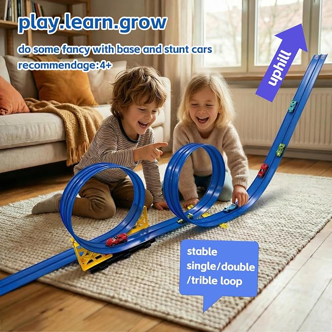 Flexible Race Track 16.5 Ft for Kids - Race Car Ramp Track with Suction Cups, Compatible with 1:64 Scale Diecast Cars, Includes 8 Racing Cars, Portable Toy Play Set Gift for Boys Girls Ages 3-8, Blue