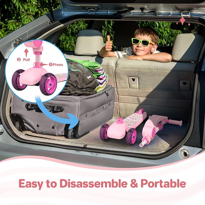 TONBUX Kids Scooter with Seat, 3 Wheels Scooter with PU Luminous Wheels, Non-Slip Handle and Wide Deck, Sensitive Brakes, 4-Level Adjustable Height, Scooters for Kids 2–8 Years