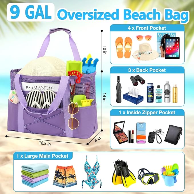 Fammart Mesh Beach Bag for Women, Large Beach Toy Pool Bag with Zipper Pocket, SandProof Cruise Essentials 2026 Family Travel