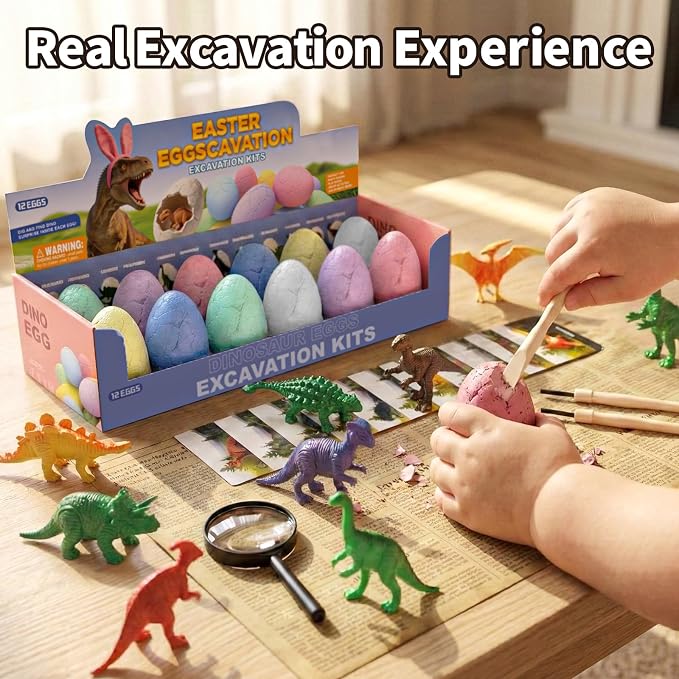12 Pack Colorful Dinosaur Eggs Excavation Kit with Learning Cards - Dino Dig STEM Science Toy for Kids - Easter Basket Stuffers, Party Favors Birthday Gifts Classroom Activities for Boys Girls Age 3+