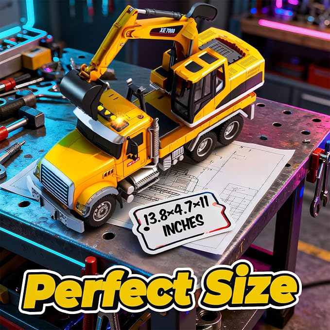 SMILESSKIDDO Excavator Toy - 1:12 Large Friction Powered Excavator Truck Toy with Lights, Sounds, Toy Trucks for Boys Girls Age 3, 4, 5, 6, 7 Years Old, Birthday Gifts for Boys Girls