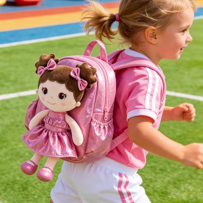 Lazada Toddler Backpack - Baby Girl Gifts Curly Fingerprints Plush Doll Dress Backpack - Fashion Girls Curly Rolled Fingerprints Series - Peach 11 Inches
