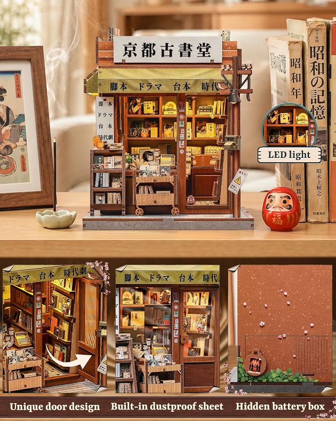 Book Nook Kit - Japanese Showa Retro DIY Miniature Book Nook, Soft LED Vintage Scene Model, Handmade Wooden Assembly Craft Gifts for Adults and Teens (Antique Bookery of Kyoto)