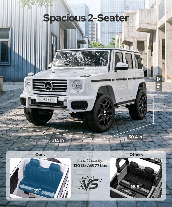 ELEMARA 2 Seater 24v Ride on Toys for Big Kids,Mercedes Benz G-Class G500 Kids Car,Toddler Electric Car w/Remote Control,Electric Vehicle to Drive,Bluetooth,Music& Horn,Low Battery Prompt,White