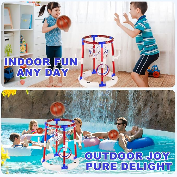 2-in-1 Floating Pool Basketball Hoop with 4 Balls, 6 Rings & Pump, Stable Water Basketball Hoop & Ring Toss Pool Games for Ages 4-8, 8-12, Summer Party Fun & Outdoor Indoor Family Pool Toys