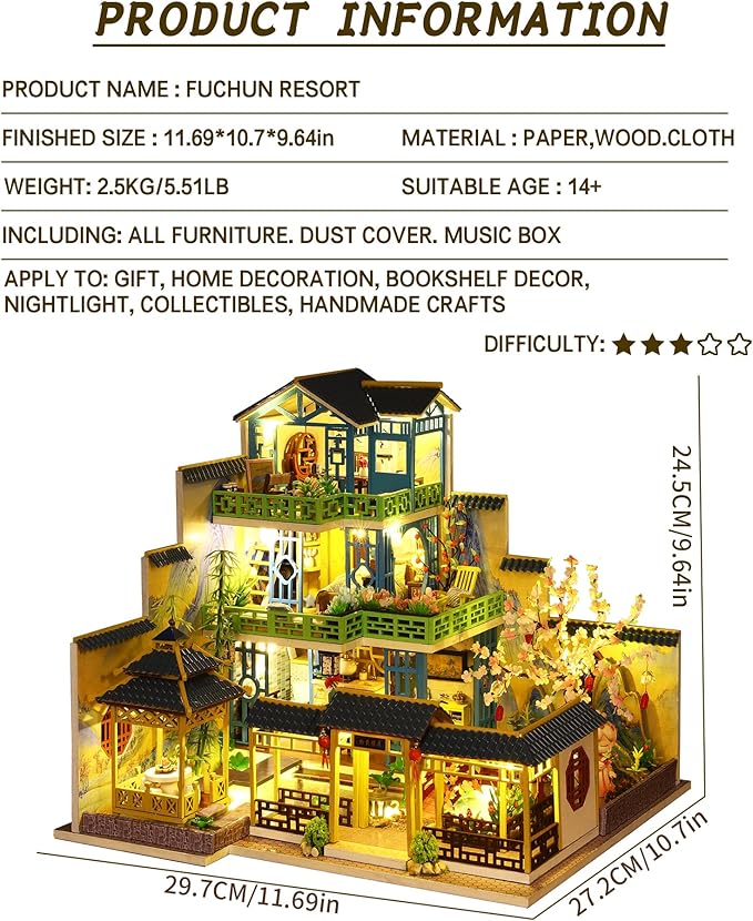 Spilay Dollhouse DIY Miniature Wooden Furniture Kit,Mini Handmade Big Castle Model with Dust Cover & Music Box,with dust Cover 1:24 Scale Creative Doll House for Adult Gift