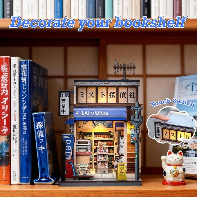 Cutefun Book Nook Kit - DIY Miniature Dollhouse Kit for Adults, Teens and Beginners, Japanese Booknook Tiny House 3D Wooden Puzzle Bookshelf Decor, Unique Gift for Family (Detective Convenience Store)