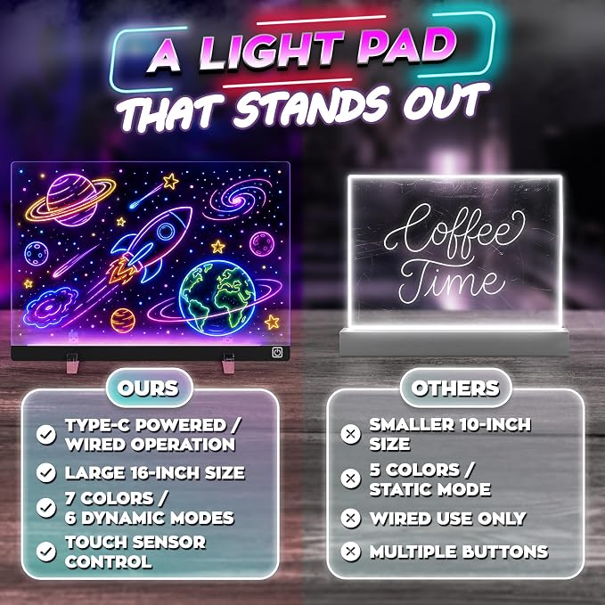 LED Drawing Board with USB-C Power – 16 Inch Acrylic Light Board for Tracing with Edge-Lit Color-Changing Glow, 7 LED Colors, 6 Light Modes – Plug-and-Play Kit with Markers, Stands, Gift Box (Black)
