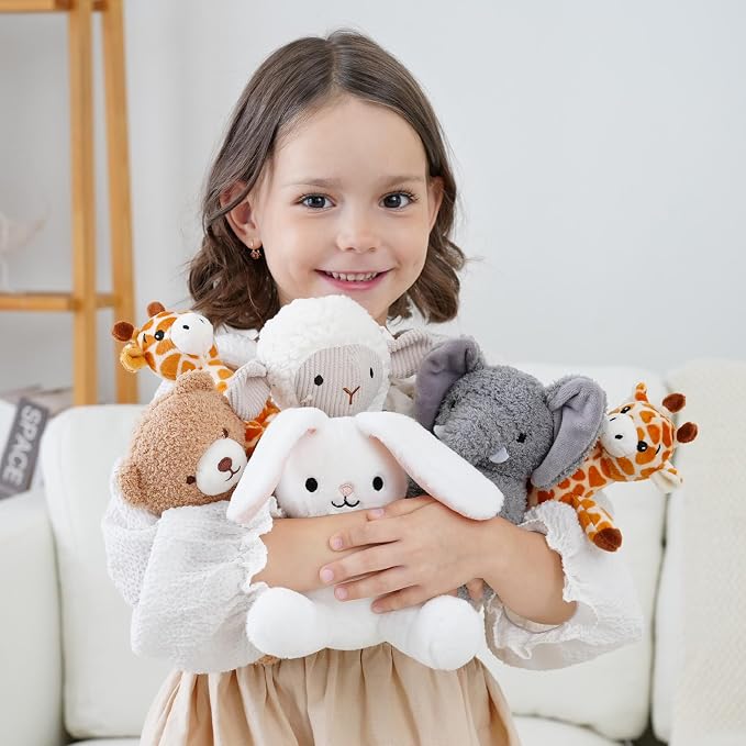 6 Pcs Stuffed Animals Bulk, 8 Inch Small Stuffed Safari Animals, Zoo Stuffed Animals Set (Sheep Elephants Bear Giraffe Bunny) Baby Shower Party Decor, Easter Gift for Classroom Kids, Girls