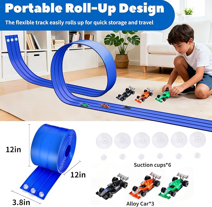 3-Lane Flexible Race Track for Kids with Suction Cups, Race Car Ramp Track & 15ft Race Car Track Compatible 1:64 Diecast Cars,Portable Roll Up Track Toy,Gift Race Track for Kids 3+ (Blue)