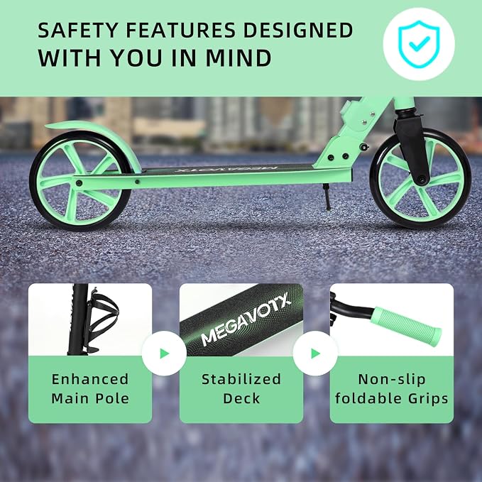 Foldable Kick Scooter for Kids Ages 6-12, Teens & Adults. Non-Electric Scooter with Big Wheels, Adjustable Height, Rear Foot Brake. Lightweight Design for Daily Commute & Outdoor Riding