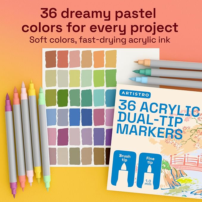 ARTISTRO 36 Pastel Acrylic Paint Markers - Paint Pens for Drawing - For Fabric, Rock, Glass, Wood, Molds - Arts & Crafts Gift for Adults, Teens, Kids, Classroom Must Haves & School Supplies