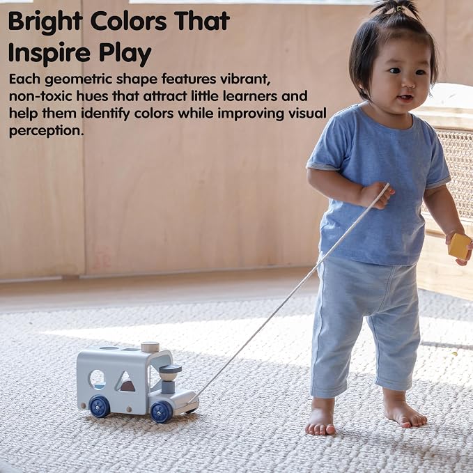 PlanToys® Wooden Shape Sorting Bus Toy for Kids Ages 3+ | Montessori Pull Along & Colour Learning Activity for Sorting, Coordination & Fine Motor Skills | Eco-Friendly Educational Playset
