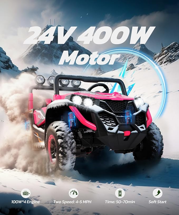 ELEMARA 2 Seater 24V Ride on Toys for Big Kids,Electric Car for Kids w/Parent Remote Control,Heavy-Duty Electric Ride On Truck w/ 4-Wheeler Suspension,5 Mph Max Speed,Bluetooth,Rainbowlight*4,Pink