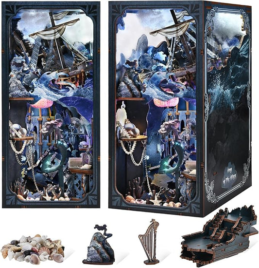 MiniCity Book Nook Kitwith Dust Cover and LED Light, 3D Wooden Puzzle Bookend Bookshelf Insert Decor for Teens and Adults (The Song of Sirens)