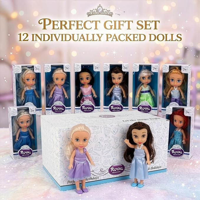 Liberty Imports 12 Pack Little Royal Princess Dolls - Mini Pocket Size Toddler Toys Fantasy Pretend Play Set with Dress, Accessories for Kids, Girls Dollhouse, Party Favors (5-inches)
