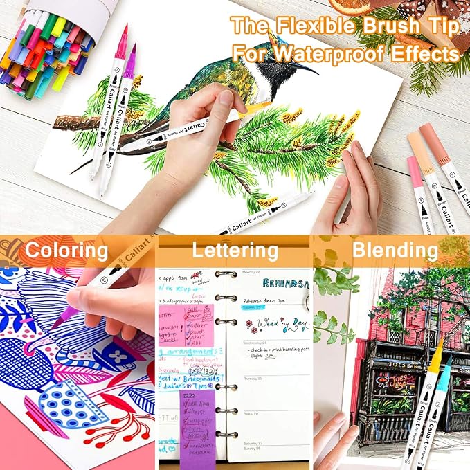 Caliart 34 Double Tip Brush Pens Art Markers, Artist Fine & Brush Markers for Adult Coloring Books Journaling Calligraphy Lettering Planners Cards Drawing Craft Kit Teacher Office Supplies
