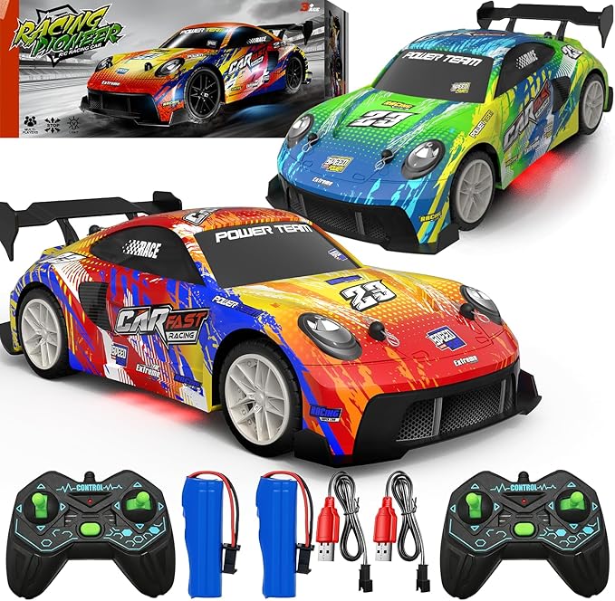 2 Pack RC Cars for Kids and Boys, Girls 4-7-8-12, Remote Control Car, LED Lights, 4WD Racing Cars,2.4GHz Dual Player, Colorful Graffiti Designs, Ideal Fun Easter Gift for Kids