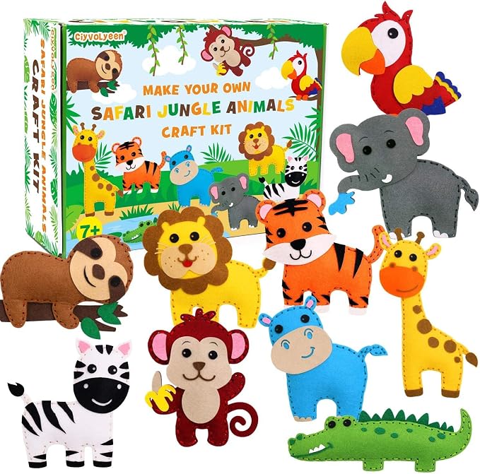 CiyvoLyeen Kids Sewing Kit Crafts - Safari Jungle Animal DIY Felt Crafts for Boys & Girls Art & Craft Set Learn to Sew Toy Animals Gift for Ages 7–12, 10 Cute Projects