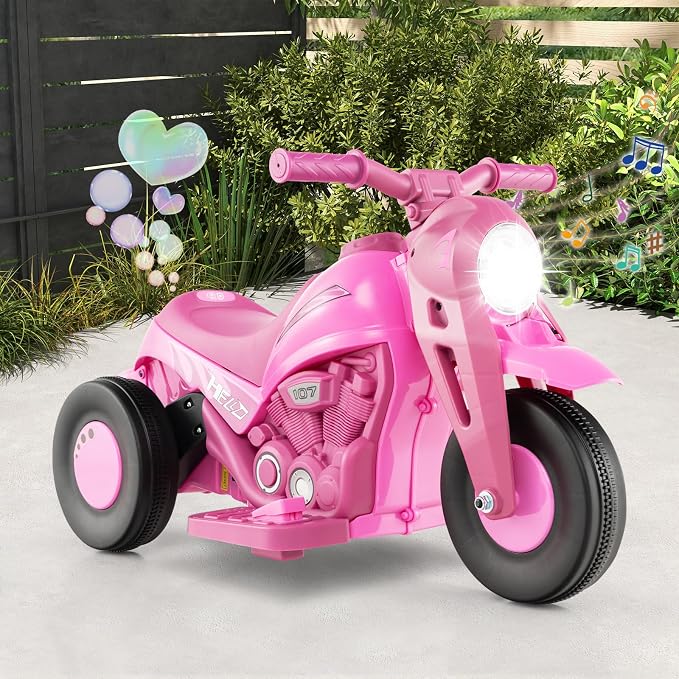 Costzon Kids Motorcycle, 6V Battery Powered Ride on Motorcycle with Bubble Maker, Music, LED Headlight, Forward & Backward, 3 Wheels Electric Motorcycle for Kids, Gift for Boys & Girls (Pink)