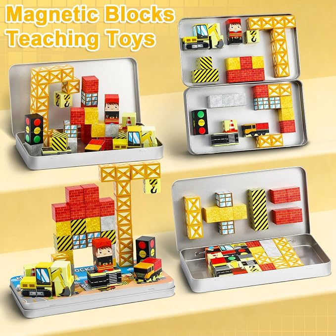 QOUBAI 45PCS Mini Magnetic Blocks Travel Toys, Magnet Building Cubes Tiles Set with Portable Iron Case, Learning Activities Gifts for Kids Toddlers Boys & Girls Ages 3-8 (Construction)