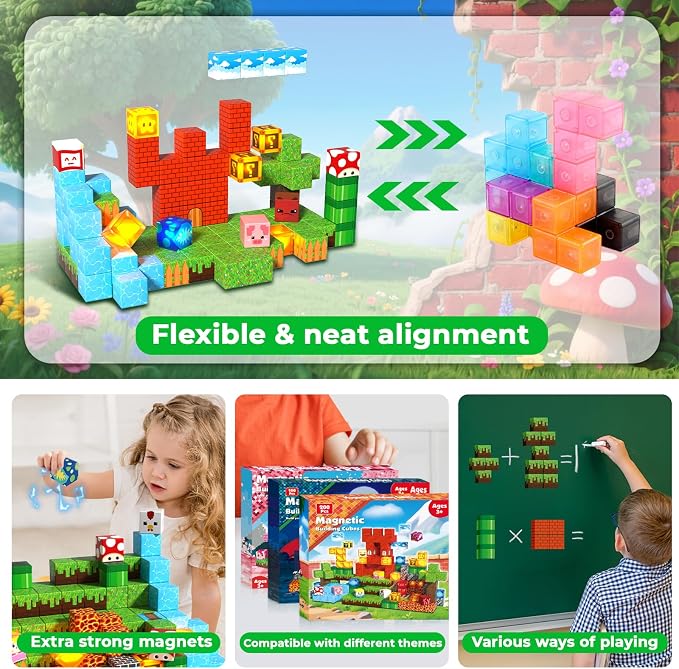 Magnetic Blocks with Light Blocks - 200PCS Magnetic Blocks for Kids Ages 4 5 6 7 8+, Magnetic Building Blocks, STEM Montessori Sensory Toys for Kids, Birthday Gifts for 8-12 Years Old Boys Girls