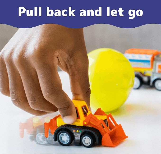 PREXTEX Set of 12 Toy Filled Easter Eggs with Pull-Back Construction Vehicles - Pre Filled Plastic Easter Eggs with Toys Inside - Large Egg Party Favors for Kids