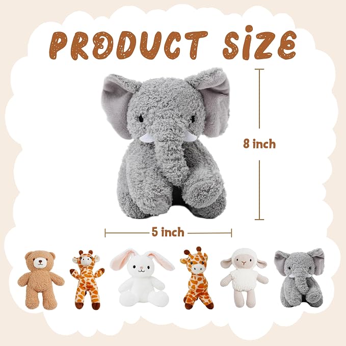 6 Pcs Stuffed Animals Bulk, 8 Inch Small Stuffed Safari Animals, Zoo Stuffed Animals Set (Sheep Elephants Bear Giraffe Bunny) Baby Shower Party Decor, Easter Gift for Classroom Kids, Girls