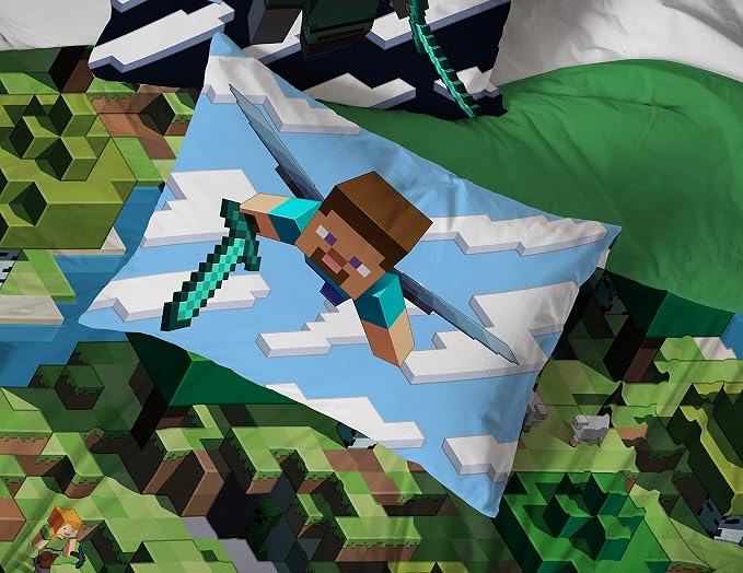 Jay Franco Minecraft Daytime 7 Piece Queen Bed Set - Includes Comforter & Sheet Set - Bedding Features Alex and Steve - Super Soft Fade Resistant Microfiber - (Official Minecraft Product)