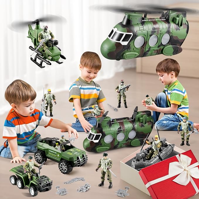 56-in-1 Army Men Toys Sets for Boys 4-7 8-12, Army Helicopter/Truck/Kayak Boat/Motorcycle/Army Men Action Figures/Weapon Gears, Army Toys for Boys Kids Birthday Gifts Party Favors