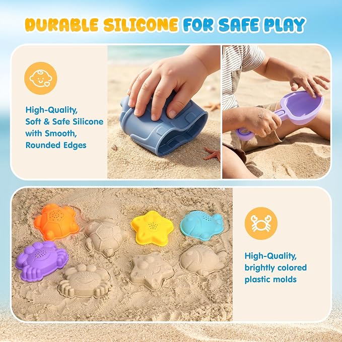 AuntyFey 11Pcs Silicone Beach Toys, Baby Beach Sand Toys, Sand Sandbox Toys for Toddlers 1-3, Collapsible Sand Buckets for Kids with 4 Plastic Sand Mold, 3 Silicone Castle Sand Mold and Mesh Bag