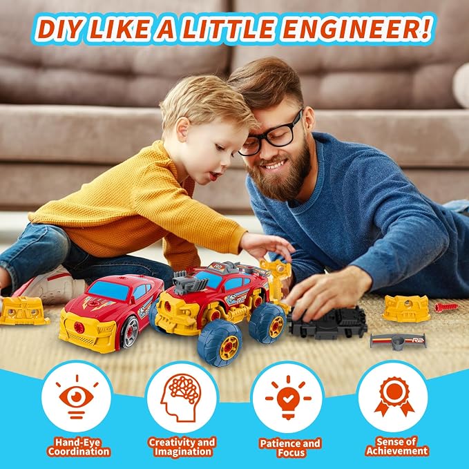 Pup Go 3-in-1 Take Apart Car for Boys with Electric Drill, 46Pcs Construction Toy Truck, Build Your Own Toy Car with Play Tools, Ideal STEM Gift for Kids Children Ages 3 4 5 6 7 8 9 Year Old Red