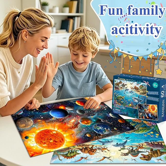 Puzzles for Kids Ages 4-6 6-8, 60 Piece Puzzles for Kids, Jigsaw Puzzles Toddler Learning Educational Toy Set - Ocean, Dinosaur & Space, Kids Puzzles Ages 5-8 Toys Gifts for Boys Girls(2 Packs)