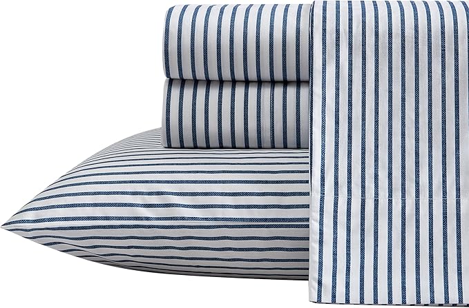Nautica- Queen Sheet Set, Cotton Percale Bedding Set, Crisp & Cool, Lightweight & Breathable (Harmead Navy, Queen)