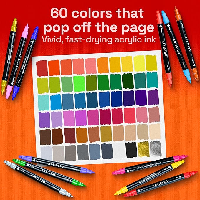 ARTISTRO 60 Precision Dual-Tip Acrylic Paint Markers – Paint Pens Set with Dot & Fine Tips for Fabric, Rock, Glass, Wood, Coloring Books – Arts & Crafts Gift – Classroom Must Haves & School Supplies