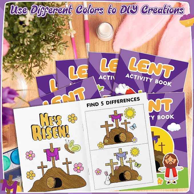 Easter Lent Activity Books for Kids - 24Pcs Christian Lent Mini DIY Games Coloring Book Set Bulk Mazes Word Search Word Scramble Games for Sunday School Classroom Easter Spring Holiday Party Favors
