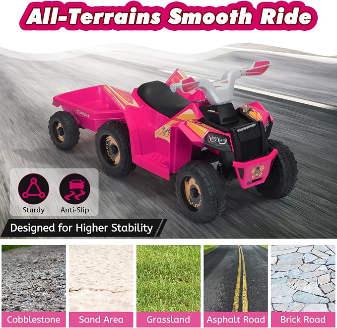 TOBBI 6V Electric Kids Ride On Toy Car with Trailer, Toddler 4 Wheeler Powered Vehicle to Drive with Music/Battery Volume Display for Children Age 3-6 -Rose Red