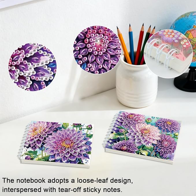 2 Pcs Flower Diamond Painting Notebook 80 Pages for Adults, Dahlia Diamond Art Journal and DIY Sketchbook, Diamonds Art Kit Supplies,Gift for Beginners, Craft Lovers, Artists. (Flower)