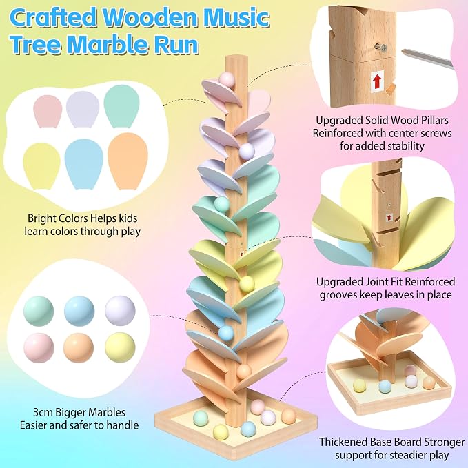 Wooden Marble Run Music Tree, Montessori Rainbow Singing Tree with 12 Extra-Large 3cm Balls, Color Sorting STEM Learning Toy, Wooden Ball Run Game Gift for Kids Ages 3+
