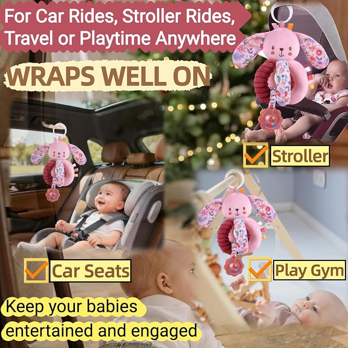 Baby Stroller Hanging Car Seat Toys for Infants 0-6 Months Girl 0-2-3-4-5-7-8-9-10 6-12-18 Month Old Newborn Gifts, Carseat Pink Plush Bunny Travel Toy for Babies Boy Play Gym Rattle Squeaky