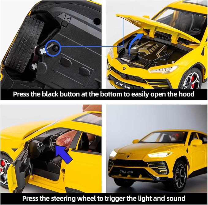 BDTCTK Compatible for 1:24 Lambo Urus Car Model, Diecast Pull Back Car Toy car, Doors Open, Light and Sound, Boys Toys Kids Adults Gifts Yellow